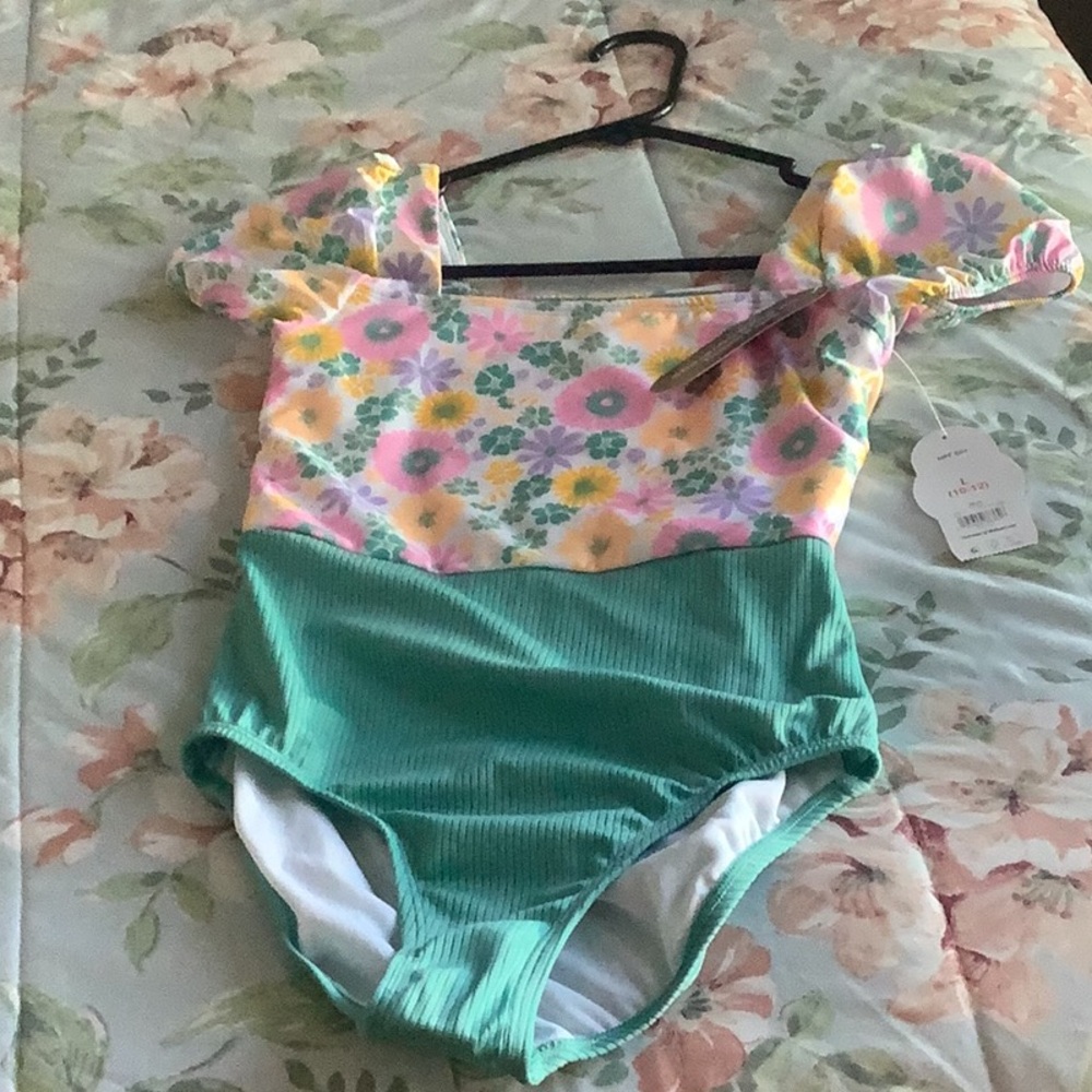 Wonder Nation swim suit blue & pink puffy sleeves size 10-12 UPF 50 suns…